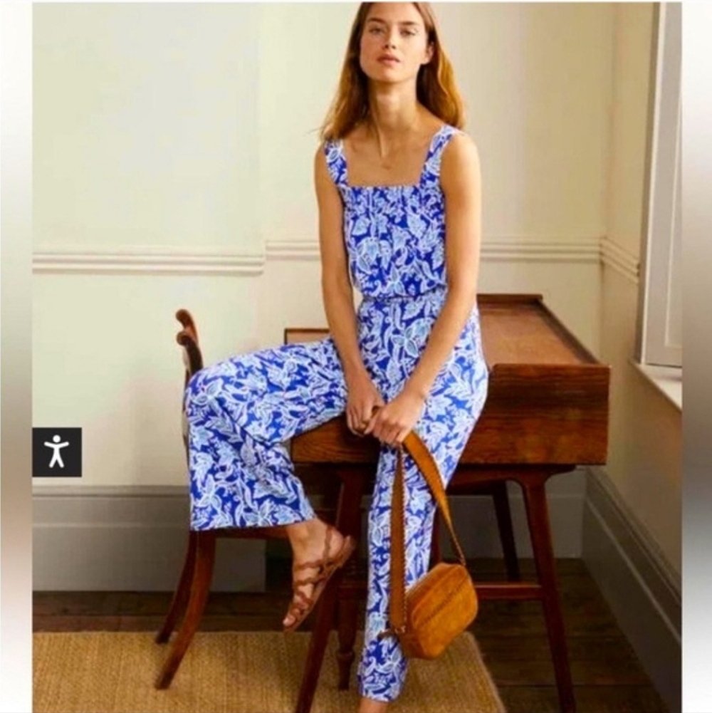 Boden Blue Floral Sleeveless Stretch Smocked Jumpsuit Women's Size 8